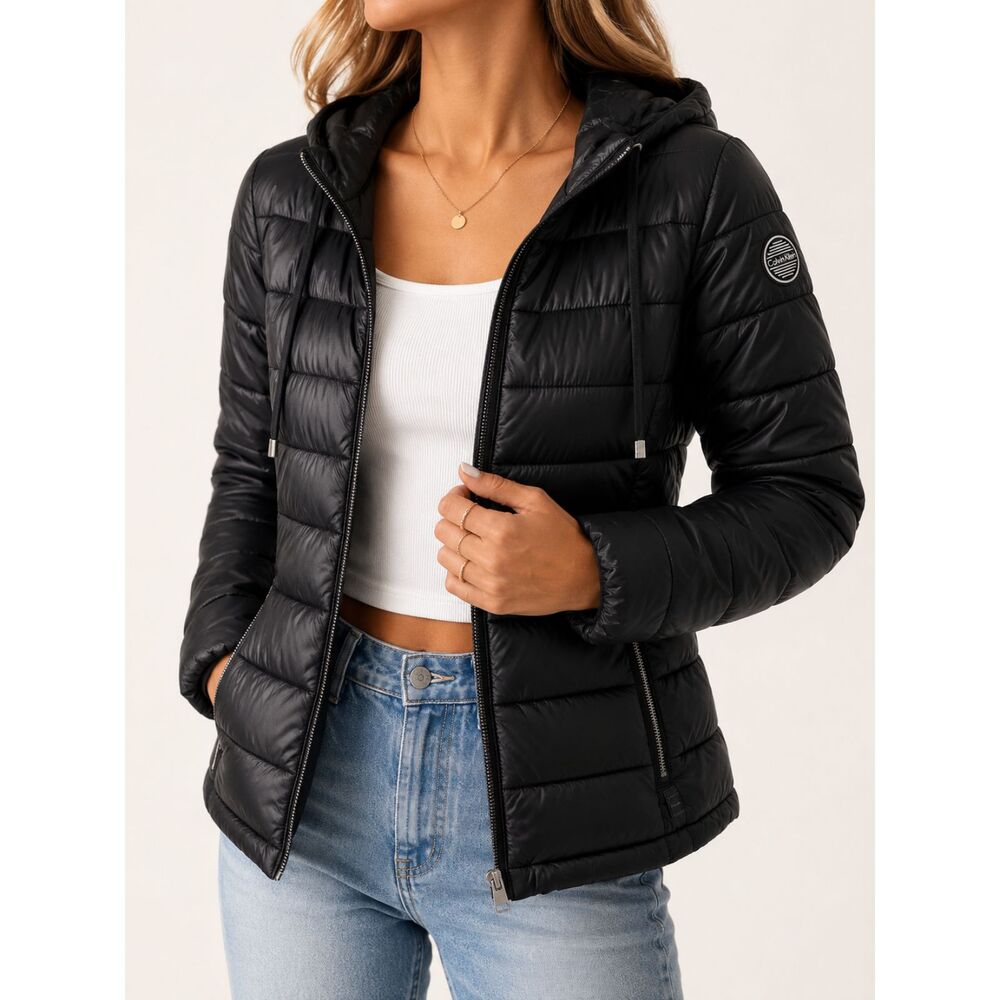 Calvin Klein Down Puffer Jacket XS Black Hooded Packable Lightweight Coat NWOT
